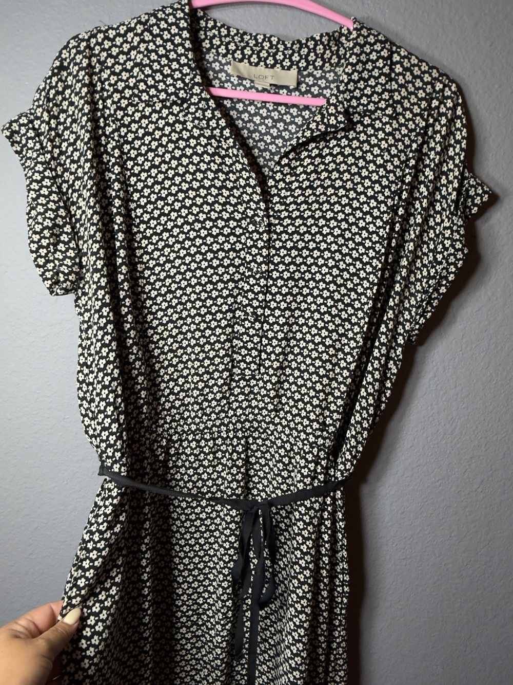 LOFT Black Midi Dress with Cream Floral Dot Print - Picture 3 of 5